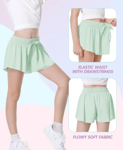 Miniatura 3 de QooNoo Girls Butterfly Shorts with Pocket Flowy Athletic Shorts High Waist Preppy Running Shorts for Kids Teen