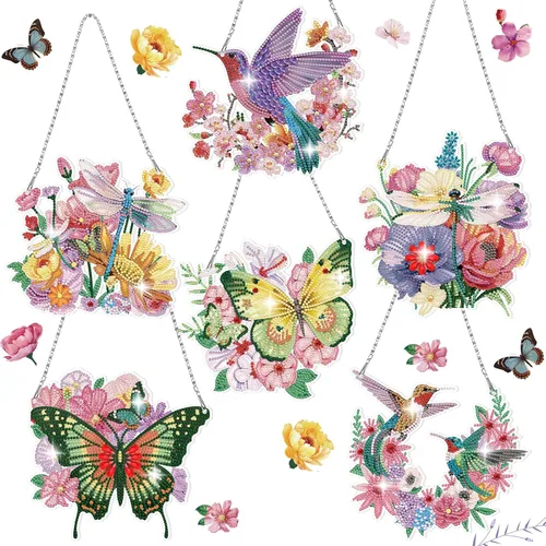 Chitidr 6 Piezas Mariposas Colibríes Libélula Pintura de Diamantes Kits de Letreros Colgantes de Verano Arte de Corona Diamante 5D DIY Adornos de