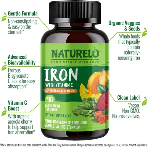 Miniatura 2 de NATURELO Suplemento de hierro vegano con vitamina C y alimentos integrales orgánicos, píldoras de hierro suaves para mujeres y hombres