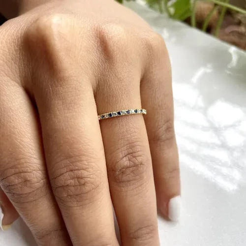 Miniatura 3 de Blue Sapphire & White Diamond Half Eternity Wedding Band For Women, 14k Gold Finish Sapphire Wedding Band, Ladies Alternate Diamond Ring