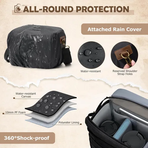 Miniatura 4 de RAINSMORE - Bolsa de cámara de lona, estuche para cámara DSLR/SLR/sin espejo, bolsas de hombro compactas para fotógrafos con funda para la lluvia