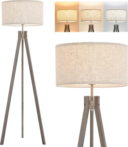 Miniatura 9 de ELYONA Lámpara de pie de trípode de madera estilo granja, lámpara de pie moderna de lectura con bombilla LED de 3 temperaturas de color y pantalla