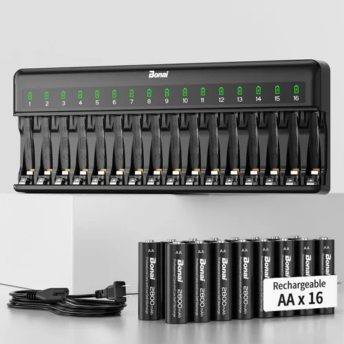Bonai Baterías AA recargables con cargador, 2800 mAh de alta capacidad precargadas, baja autodescarga, a prueba de fugas, doble A (paquete de 16) y