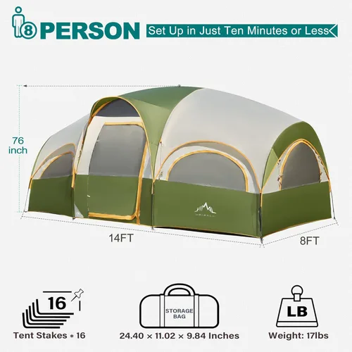Miniatura 2 de GoHimal 8 Person Tent for Camping, Waterproof Windproof Family Tent with Rainfly, Divided Curtain Design for Privacy Space, Portable with Carry Bag