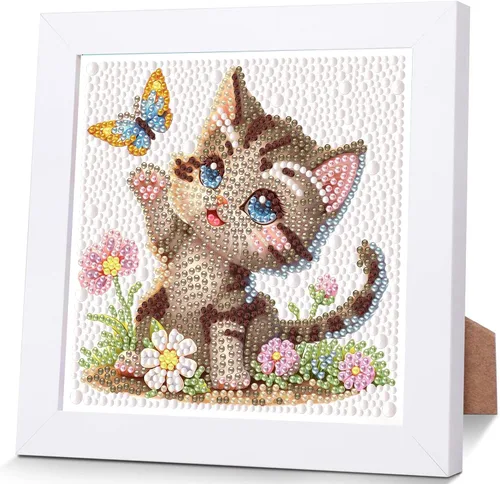 Miniatura 9 de xackcme Kits de pintura de diamantes de gato para niños con marco, arte de diamantes de animales para niños de 4 a 8 a 12 años, kit de pintura