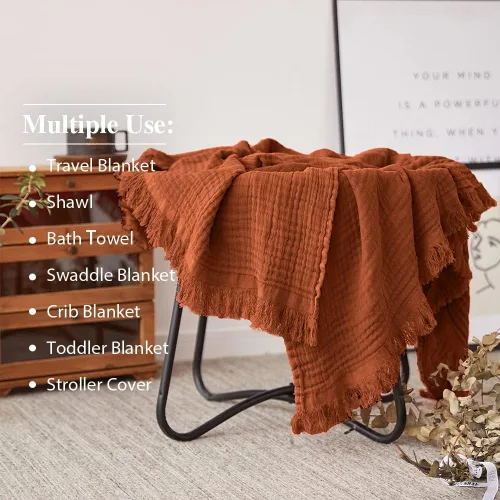 Miniatura 4 de Simple&Opulence Manta de muselina de algodón para cama, sofá, manta de gasa tejida de punto con borlas, suave, ligera, acogedora, prelavada
