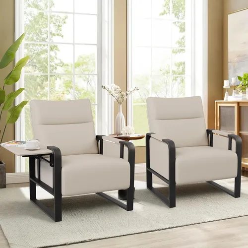 Miniatura 10 de Silla de Acento Moderna Tapizada en Cuero PU Sillón con Mesa de Bandeja para Dormitorio Sala de Estar Sillas Silla de Oficina Beige