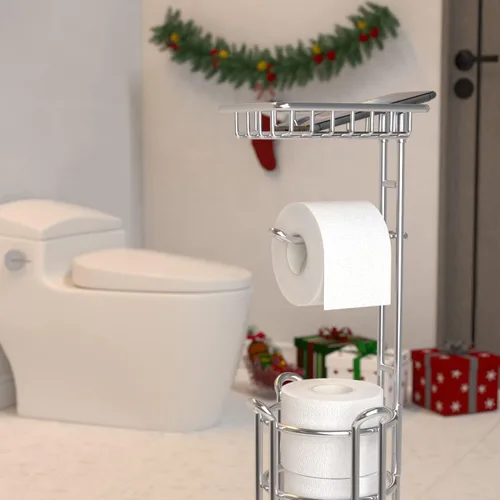 Miniatura 2 de Portarrollos de papel higiénico TreeLen con estante para almacenamiento en el baño, soporte para teléfono, toalla y mega rollos, cromo brillante