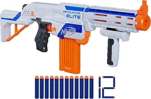 NERF N-Strike Elite Retaliator Blaster, Stock, Grip, Cañón, Cargador de 12, 12 Dardos, Juguetes al Aire Libre para Niños de 8+ (Exclusivo de Amazon)