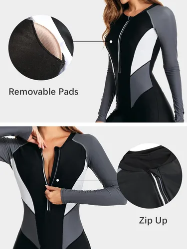 Miniatura 33 de ECUPPER Traje de baño de una pieza de manga larga para mujer, con cierre Boyleg, protector de erupción, cobertura de traje de baño de surf, traje