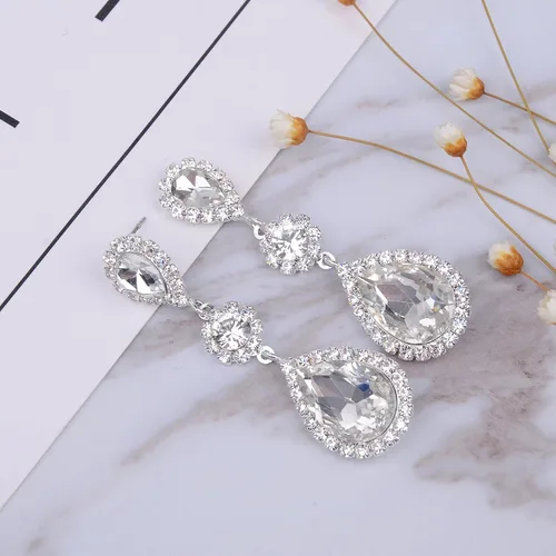 Miniatura 7 de Juego de aretes de diamantes de imitación de plata chapados en oro para boda, novias, damas de honor, piedra de cristal, aretes colgantes, juego