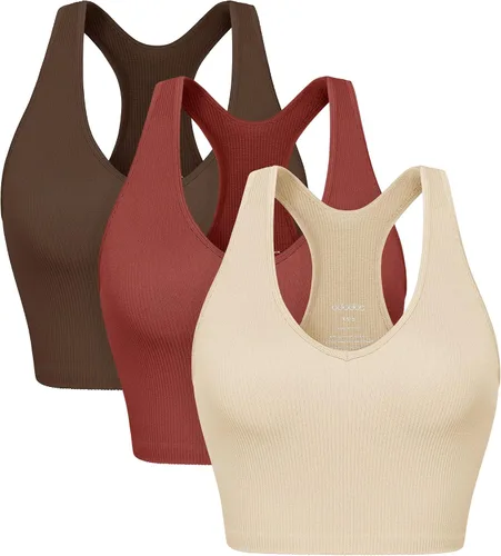 ODODOS Paquete de 3 camisetas cortas sin costuras con espalda cruzada para mujer, de punto acanalado, suave, ombligueras cortas