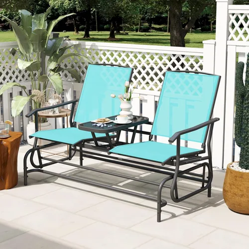 Miniatura 4 de Tangkula Silla mecedora para 2 personas, sofá biplaza mecedora para patio con mesa central de vidrio templado, banco de columpio para exteriores