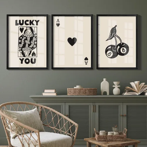 Miniatura 8 de Heiple Juego de 3 carteles enmarcados de póquer para pared, diseño retro de moda, decoración de pared para reina de corazones, arte de pared Negro