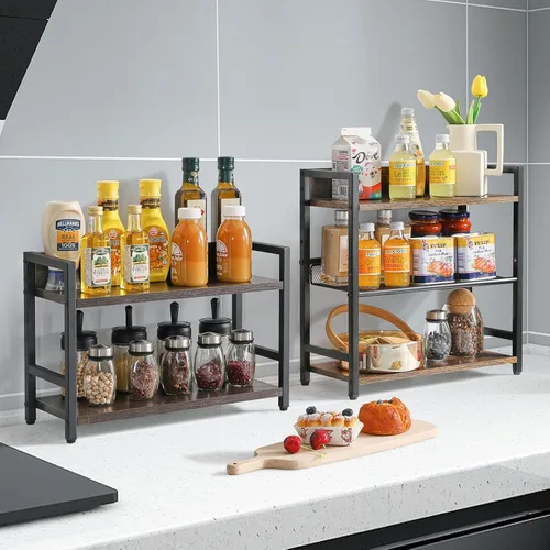 Miniatura 9 de IBUYKE Estante de especias industrial de 3 niveles, organizador de almacenamiento de escritorio, estante de condimentos de pie para encimera, Marrón