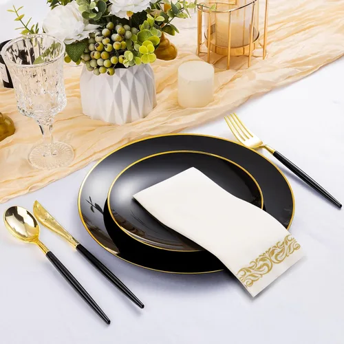 Miniatura 3 de 350 Piezas Juego de Vajilla de Plástico Negro Dorado, Platos Desechables Dorados para Fiesta, Incluye 100 Platos Negros con 150 Cubiertos