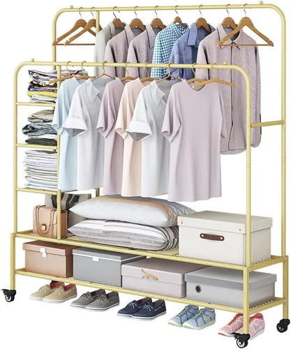 Miniatura 9 de SUOERNUO Perchero con ruedas para ropa, estante para colgar ropa resistente, estante metálico enrollable para dormitorio, armario (Negro)