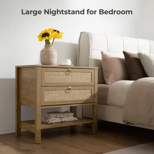 Miniatura 8 de Sicotas - Mesita de noche con cajones y estante de almacenamiento - Gran mesita de noche de ratán, decoración boho, mesita de cabecera estrecha