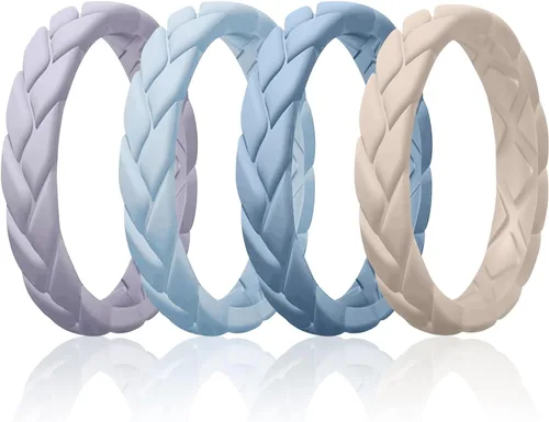Miniatura 70 de Egnaro Anillos de boda de silicona para ella, conjuntos de novia de goma para mujer, bandas finas, diseño trenzado de hojas apilables con ranuras