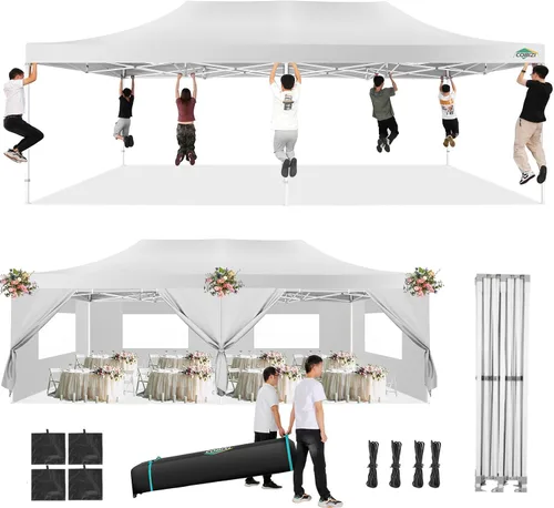 Miniatura 20 de COBIZI Toldo de 10 x 20 pies con paredes laterales, carpa de fiesta resistente para fiestas, bodas, tienda de campaña portátil plegable fácil
