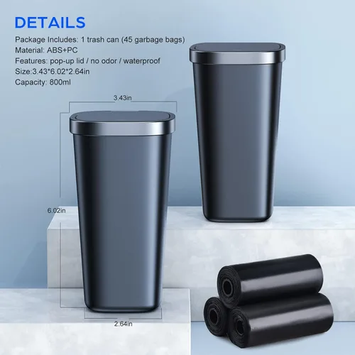 Miniatura 8 de Paquete de 2 mini botes de basura para automóvil con tapa y 90 bolsas, bote de basura pequeño para puerta de automóvil, hogar, oficina, dormitorio