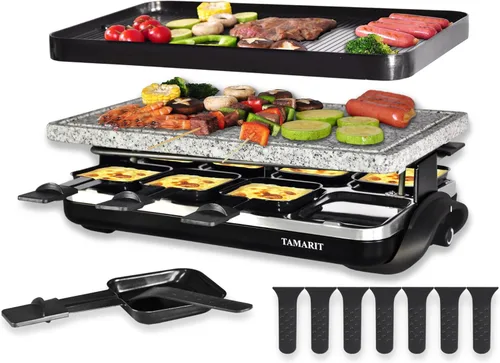 TAMARIT Raclette - Parrilla de mesa portátil 3 en 1, barbacoa coreana, parrilla eléctrica para interiores con placa reversible antiadherente y