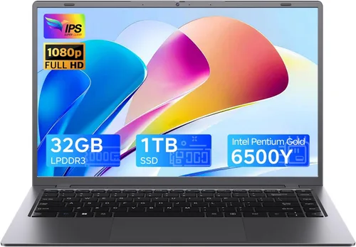 Computadora portátil de 14 pulgadas, Pentium Gold 6500Y (hasta 3.4 GHz), 32 GB de RAM 1 TB SSD, portátiles grises con tipo C, HDMI, USB3.2, BT5,
