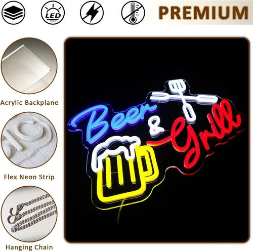 Miniatura 6 de Letrero de neón de cerveza y parrilla para decoración de pared, letreros LED para barbacoa, regulables por USB, 15.75 x 11.97 pulgadas, luces