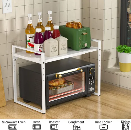 Miniatura 4 de Estante de horno de microondas expandible de 2 niveles, altura ajustable, resistente, tostadora de microondas, soporte de encimera, estante de Blanco