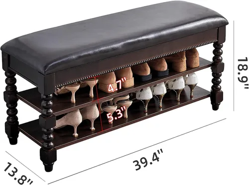 Miniatura 2 de LKZ Banco de almacenamiento de zapatos, banco de zapatos de madera maciza con asiento acolchado de cuero de microfibra para pasillo, entrada, sala