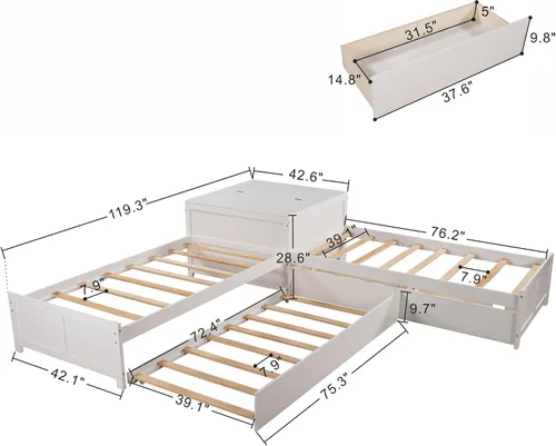 Miniatura 2 de Moderna cama de plataforma en forma de L con nido y cajones, cama de plataforma de madera de tamaño individual con mesa cuadrada abatible White#w
