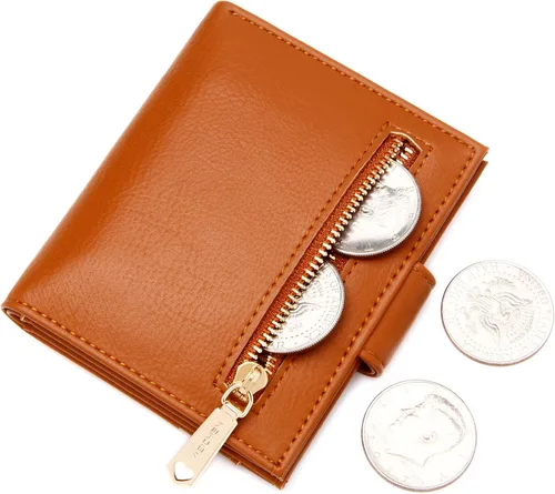 Miniatura 3 de Badiya Billeteras pequeñas para mujer, plegable, multitarjeta, delgada, tarjetero con cremallera, Marrón, Minimalista