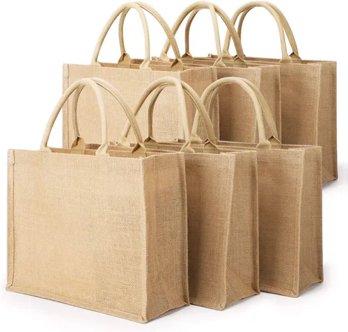 Miniatura 9 de Segarty Bolsa de arpillera, paquete de 6 bolsas grandes reutilizables de lona de yute con asas, bolsas de mano en blanco a granel para damas
