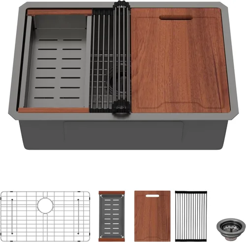 Miniatura 34 de Lordear Fregadero de cocina de montaje inferior de 23 pulgadas, estación de trabajo, fregadero de cocina de acero inoxidable calibre 16, cuenco