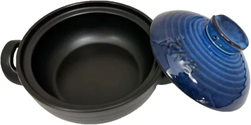 Miniatura 2 de Olla de cerámica y arcilla, donabe japonés, cazuela china/olla de tierra, olla de cocina con tapa, vapor pequeño, azul, 2.6 cuartos de galón