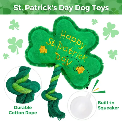 Miniatura 7 de Juguete para perros del día de San Patricio, juguetes chirriantes para perros con cuerda, juguetes de peluche de trébol de trébol, regalos del día