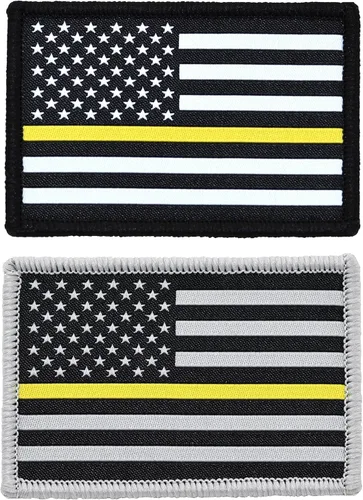 Great 1 Paquete de 2 parches de bandera estadounidense de línea dorada y amarilla, despachador de emergencia, conductor de camión de remolque, 2 x 3