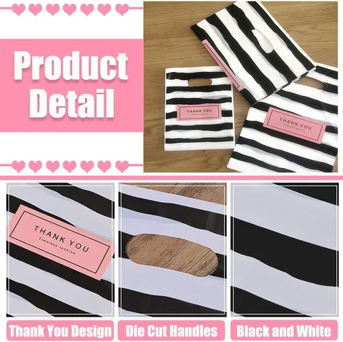 Miniatura 3 de Bolsas de mercancía con texto en inglés "Thank You", 100 bolsas de compras de plástico mixto de 3 tamaños, bolsa para pequeñas empresas, bolsas