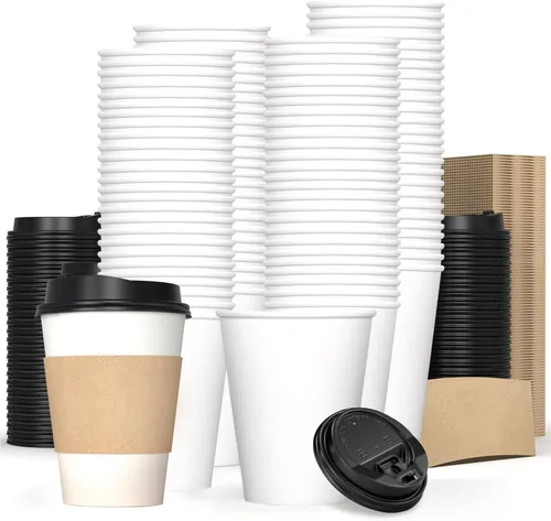 Miniatura 59 de Paquete de 100 tazas de café desechables de pared ondulada corrugada de 16 onzas con tapas y pajitas, tazas aisladas resistentes para bebidas