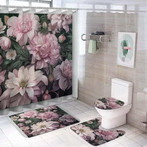 Juego de 4 cortinas de ducha con alfombras, juego de baño con cortina de ducha y alfombras, 4 piezas, flores femeninas, lila, rosa, rubor, verde,