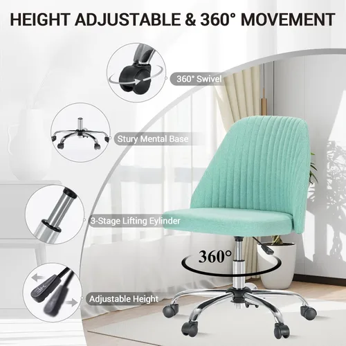 Miniatura 4 de YSSOA Silla de escritorio de oficina con respaldo y ruedas, silla de tela para computadora, sin brazos, altura ajustable, cómoda silla de tocador
