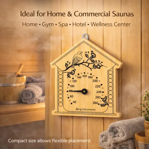 Miniatura 6 de Bjerg Instruments Termómetro de sauna, medidor de temperatura analógico de madera de pino, esfera de 3 pulgadas resistente a la humedad, lee hasta