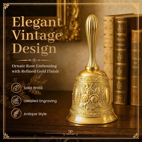 Miniatura 2 de DomeStar Campana de Mano Dorada, Grabada para Boda, Escuela, Navidad, Alarma y Campana para Acostados Dorado