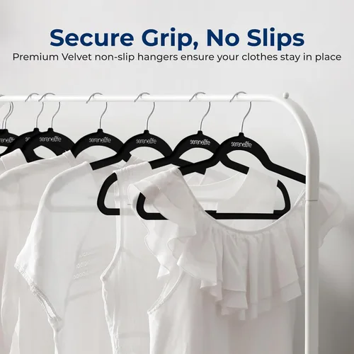 Miniatura 3 de SereneLife Perchas de terciopelo color negro, paquete de 100 perchas delgadas antideslizantes con gancho giratorio cromado de 360°, capacidad Negro