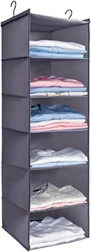 Miniatura 13 de Organizador colgante para armario, fácil de montar, estantes colgantes plegables con 4 compartimentos, para guardar ropa, bolsos, zapatos y Gris