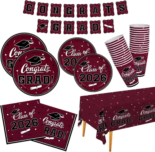 Miniatura 11 de Gatherfun suministros para fiesta de graduación 2022, para 25 comensales, vajilla roja y desechable de papel, con platos, servilletas, vasos, mantel