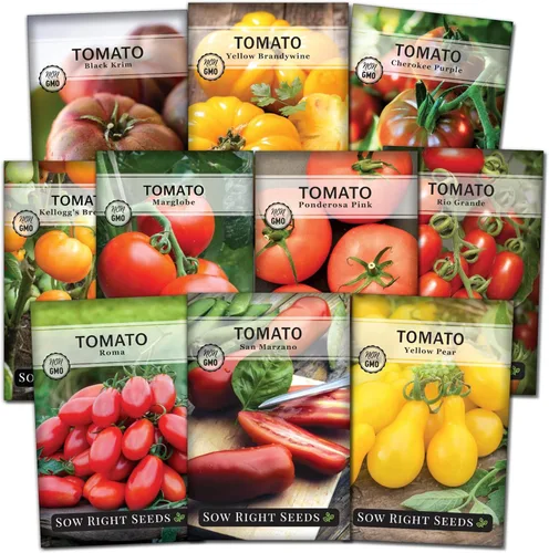 Sow Right Seeds - Colección de semillas de tomate para plantar - 10 variedades con muchos tamaños, formas y colores - Paquetes de semillas