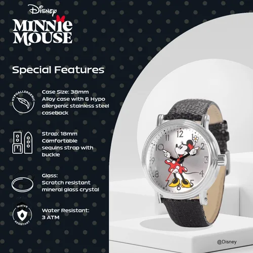 Miniatura 4 de Disney Minnie Mouse Reloj de cuarzo analógico para adultos, estilo vintage, con manos articuladas