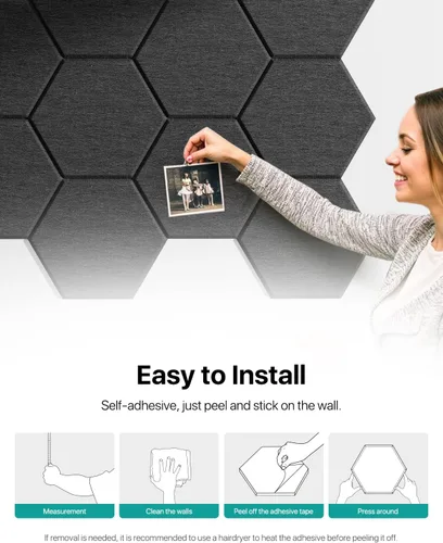 Miniatura 8 de Paquete de 18 paneles acústicos hexagonales, paneles de pared autoadhesivos insonorizados, paneles de pared acústicos de alta densidad, paneles a