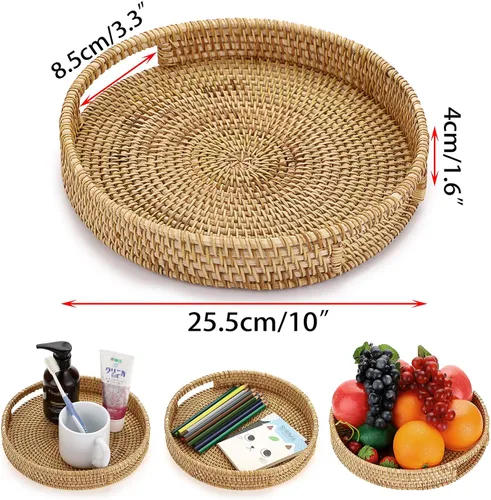 Miniatura 2 de Hipiwe Bandeja de servir redonda de ratán de 10 pulgadas con asas, bandeja organizadora decorativa tejida a mano para almacenamiento, desayuno